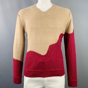 RODARTE for OPENING CEREMONY Size L Beige Red Knit Linen V-Neck Sweater